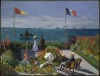 Reprodukcja Garden at Sainte-Adresse, Claude Monet - Wzór graficzny. Obraz przedstawia ludzi w ogrodzie, flagi i łodzie