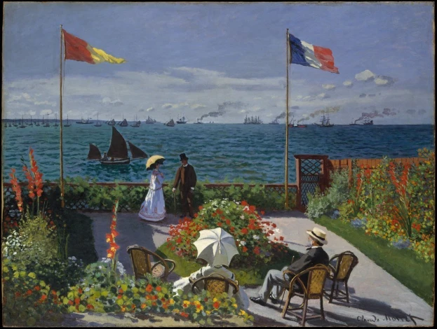 Reprodukcja Garden at Sainte-Adresse, Claude Monet - Wzór graficzny. Obraz przedstawia ludzi w ogrodzie, flagi i łodzie