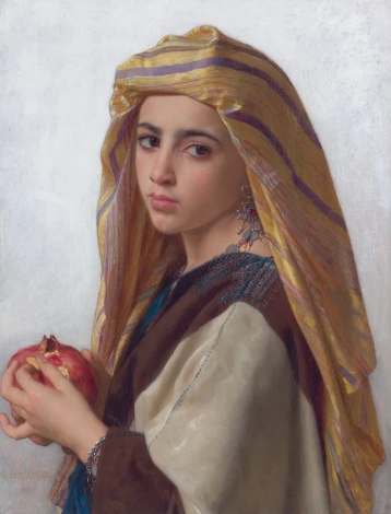 Reprodukcja Girl with a pomegranate, William-Adolphe Bouguereau - Wzór graficzny. Postać kobiety trzymającej granat