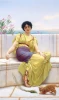 Reprodukcja Idleness, William Godward - Wzór graficzny. Kobieta w jasnej sukni siedzi na marmurowym murze, obok niej kot