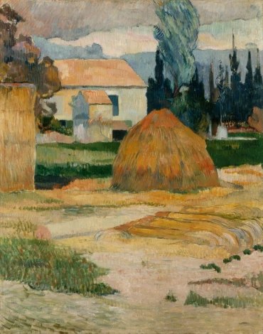 Reprodukcja Landscape near Arles, Gauguin Paul - Wzór graficzny. Obraz przedstawia wiejski krajobraz z domami, drzewami