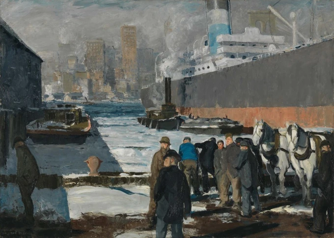 Reprodukcja Men of the Docks, George Bellows - Wzór graficzny. Mężczyźni w pracy, statki, konie, portowe budynki
