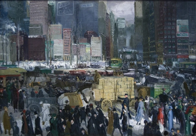 Reprodukcja New York, George Bellows - Wzór graficzny. Miejski pejzaż z tłumem ludzi, pojazdami i wysokimi budynkami