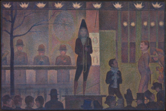 Reprodukcja Parade de cirque, Georges Seurat - Wzór graficzny. Postacie w strojach scenicznych na tle cyrkowej sceny