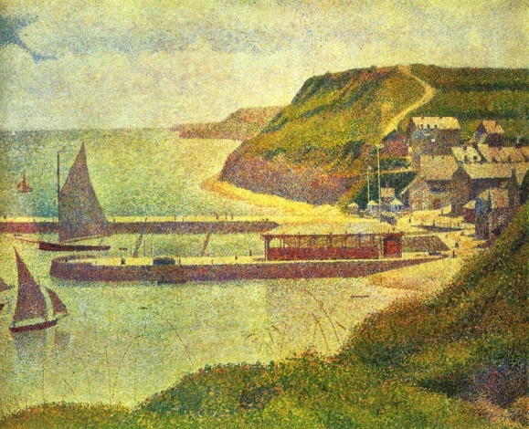 Reprodukcja Port-en-Bessin, Georges Seurat - Wzór graficzny. Obraz przedstawia port z łodziami, klifami i domami