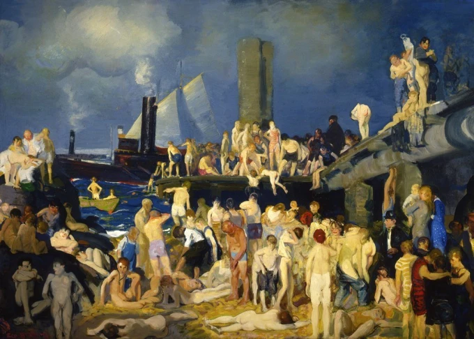Reprodukcja River Front No 1, George Bellows - Wzór graficzny. Obraz przedstawia grupy ludzi na brzegu rzeki, w różnych