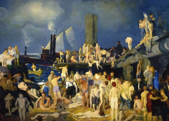 Reprodukcja River Front No 1, George Bellows - Wzór graficzny. Obraz przedstawia grupy ludzi na brzegu rzeki, w różnych