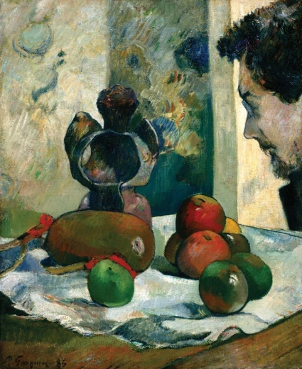 Reprodukcja obrazu Paula Gauguina Still Life with Profile of Laval przedstawiająca martwą naturę i profil mężczyzny
