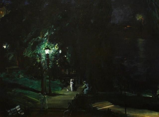 Reprodukcja Summer Night Riverside Drive, George Bellows - Wzór graficzny. Obraz przedstawia nocny krajobraz z postaciami