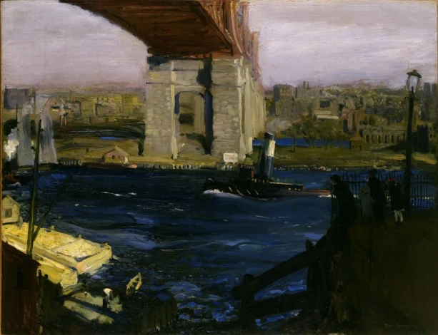 Reprodukcja The Bridge, Blackwells Island, George Bellows - Wzór graficzny. Obraz przedstawia most nad rzeką, łodzie