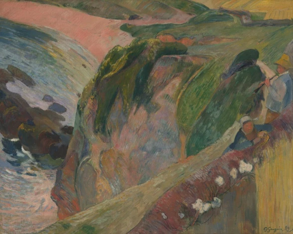 Reprodukcja The Flageolet Player on the Cliff, Gauguin Paul - Wzór graficzny. Obraz przedstawia klif z zielonymi wzgórzami
