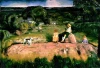 Reprodukcja Three Children, George Bellows - Wzór graficzny. Trzy dzieci siedzą na głazie, w tle krajobraz z domami