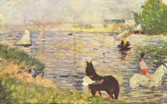 Reprodukcja Weisses und schwarzes Pferd im Fluss, Georges Seurat - Wzór graficzny. Obraz przedstawia rzekę z końmi, łodziami