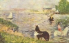Reprodukcja Weisses und schwarzes Pferd im Fluss, Georges Seurat - Wzór graficzny. Obraz przedstawia rzekę z końmi, łodziami