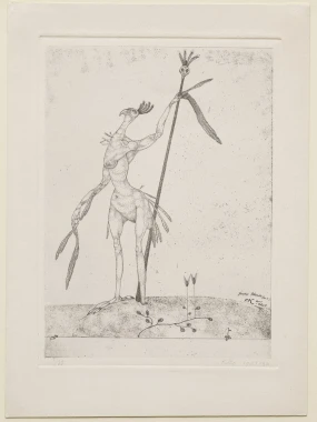 Reprodukcja Aged Phoenix - Invention 9, Paul Klee - Wzór graficzny. Postać z długimi kończynami trzymająca kij, otoczona