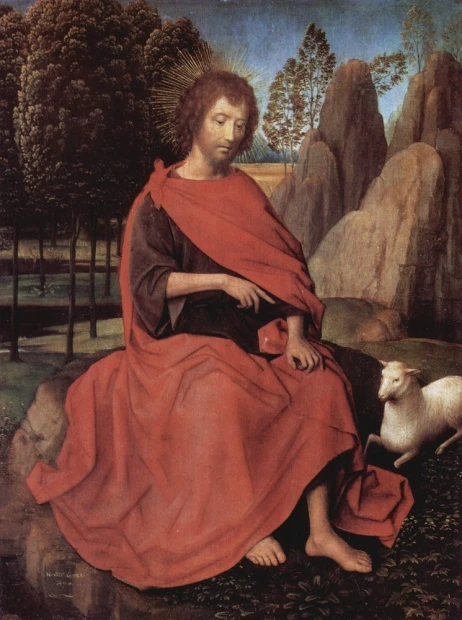 Reprodukcja Diptychon mit Johannes dem Taufer und der Hl. Veronika, Hans Memling - Wzór graficzny. Postać siedząca