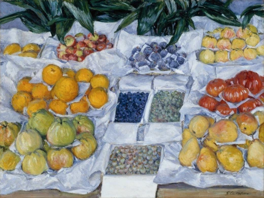 Prostokątna reprodukcja obrazu Gustave\'a Caillebotte\'a Fruit Displayed on a Stand przedstawiająca stragan z owocami