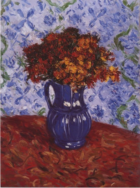 Reprodukcja Giroflees, Gustave Caillebotte - Wzór graficzny. Kwiaty w wazonie na tle niebieskiej ściany z zielonymi