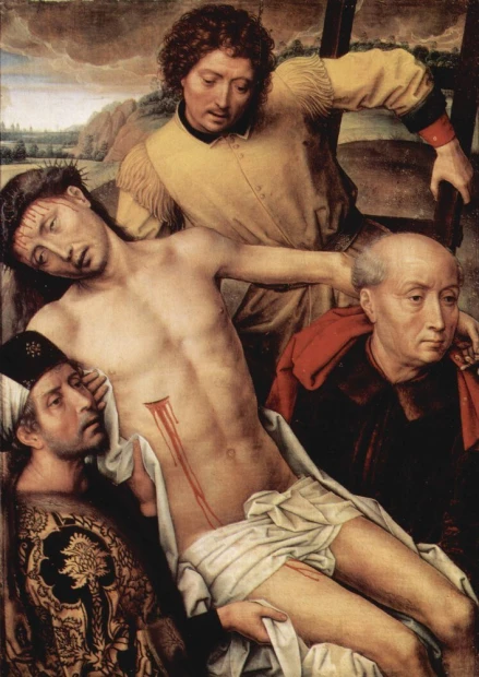 Reprodukcja Granada-Diptychon, Hans Memling - Wzór graficzny. Cztery postacie w różnych pozach, z wyraźnymi detalami twarzy