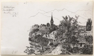 Reprodukcja Hilterfingen, Paul Klee - Wzór graficzny. Rysunek przedstawia wieś z kościołem, domy i góry w tle