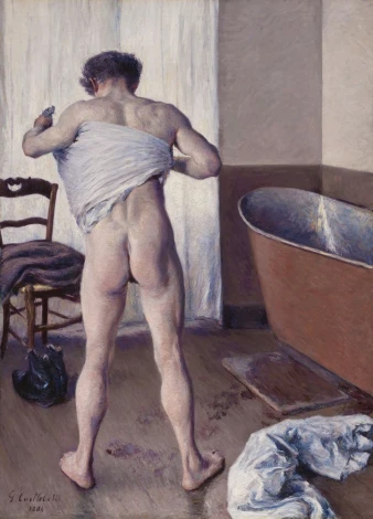 Reprodukcja Man at His Bath, Gustave Caillebotte - Aranżacja w łazience. Ściany w jasnych kolorach, widoczna wanna i krzesło