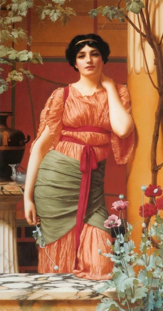 Reprodukcja Nerissa, William Godward - Wzór graficzny. Kobieta w różowej sukni stoi w ogrodzie, otoczona roślinnością