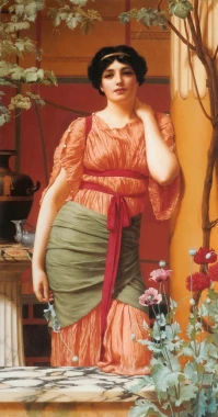 Reprodukcja Nerissa, William Godward - Wzór graficzny. Kobieta w różowej sukni stoi w ogrodzie, otoczona roślinnością