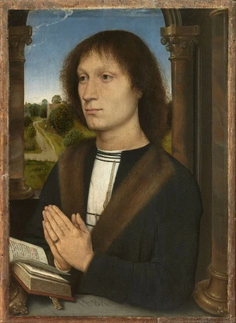 Reprodukcja Portinari Triptych, Hans Memling - Wzór graficzny. Mężczyzna z długimi włosami w stroju historycznym, modlący