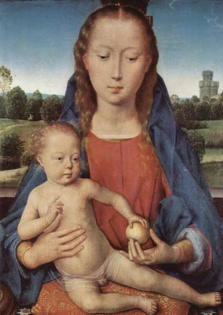 Reprodukcja Portinari-Triptychon, Mitteltafel Madonna, Hans Memling - Wzór graficzny. Postać Madonny trzymająca dziecko