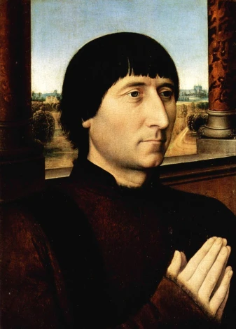 Reprodukcja Portrait of Willem Moreel, Hans Memling - Wzór graficzny. Mężczyzna z długimi włosami, w ciemnym ubraniu