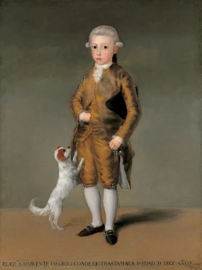 Reprodukcja Portret Vicente Osorio de Moscoso, Francisco Goya - Wzór graficzny. Chłopiec w brązowym stroju z psem u jego