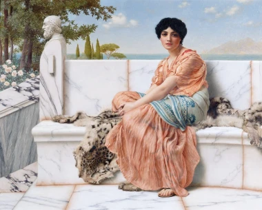 Reprodukcja Reverie a.k.a. In the Days of Sappho, William Godward - Wzór graficzny. Kobieta w różowej sukni siedzi