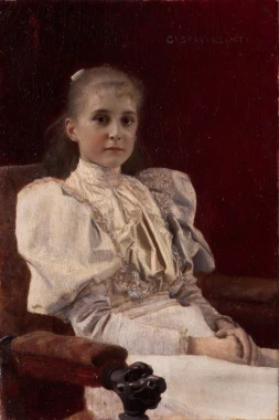 Reprodukcja Seated Young Girl, Klimt Gustav - Wzór graficzny. Młoda dziewczyna w białej sukni siedzi na krześle