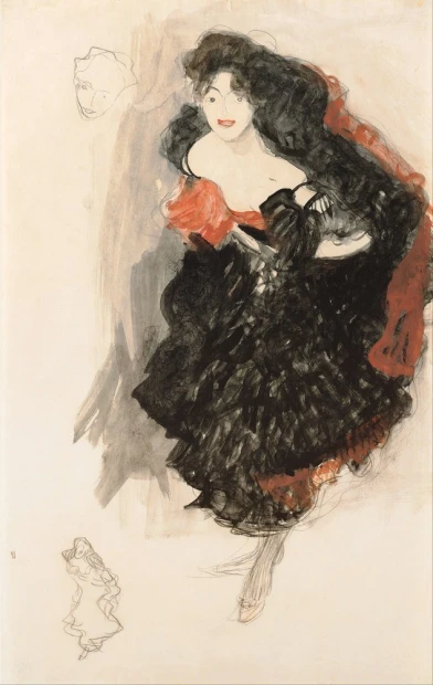 Reprodukcja Study for Judith II, Klimt Gustav - Wzór graficzny. Postać kobiety w czarnej sukni z czerwonymi akcentami