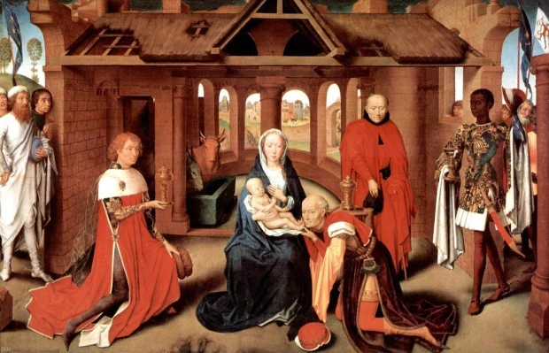 Reprodukcja The Adoration of the Magi, Hans Memling - Wzór graficzny. Postacie adorujące Dzieciątko Jezus
