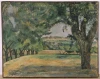 Reprodukcja The Neighborhood of Jas de Bouffan, Paul Cezanne - Aranżacja w salonie. Ściany w jasnym kolorze, drewniane meble