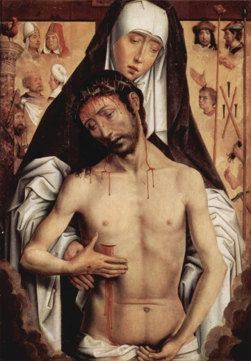 Reprodukcja obrazu Hansa Memlinga pod tytułem The Virgin Showing the Man of Sorrows przedstawiająca Maryję z Jezusem