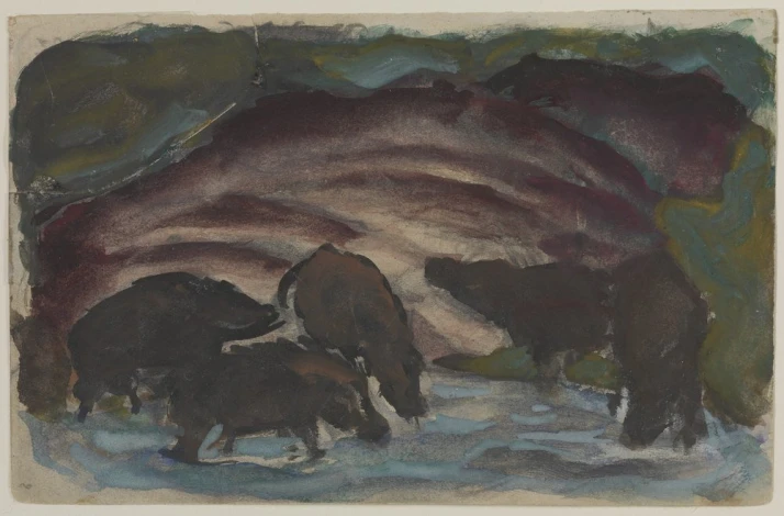 Reprodukcja Wild Boars in the Water, Franz Marc - Wzór graficzny. Ciemne sylwetki dzików w wodzie na tle falistych kształtów