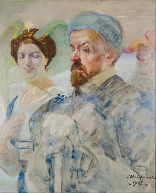 Reprodukcja Autoportret, Jacek Malczewski - Wzór graficzny. Postacie mężczyzny i kobiety, delikatne kolory, tło