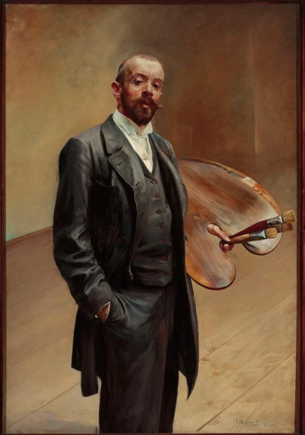 Reprodukcja Autoportret z paletą, Jacek Malczewski - Wzór graficzny. Mężczyzna w eleganckim stroju trzyma paletę malarską