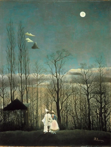 Reprodukcja Carnival Evening, Henri Rousseau - Wzór graficzny. Dwie postacie w jasnych strojach na tle drzew i nocnego nieba