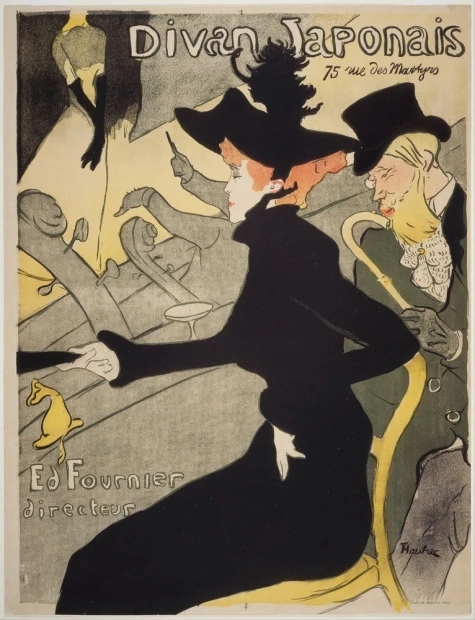 Reprodukcja obrazu Divan Japonais, Henri de Toulouse-Lautrec - Wzór graficzny. Postacie w eleganckich strojach, wyraźne