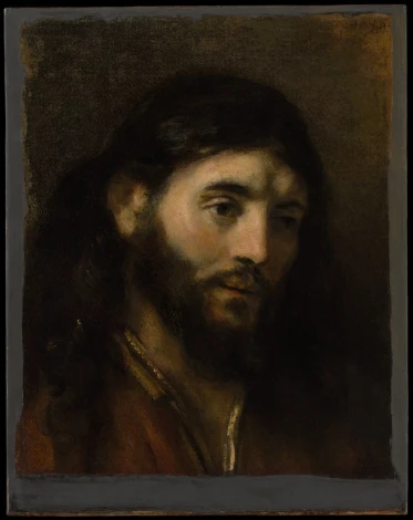 Reprodukcja Head of Christ, Rembrandt - Wzór graficzny. Obraz przedstawia głowę mężczyzny z długimi włosami i brodą