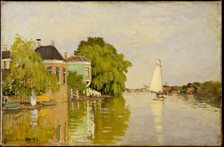 Reprodukcja Houses on the Achterzaa, Claude Monet - Wzór graficzny. Obraz przedstawia domy nad wodą, żaglówkę oraz drzewa