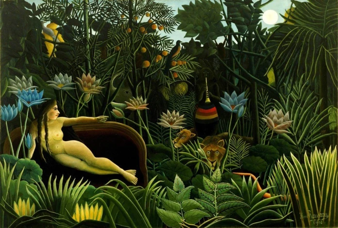 Reprodukcja Il sogno, Henri Rousseau - Wzór graficzny. Postać kobiety leży na kanapie w bujnym ogrodzie z roślinnością