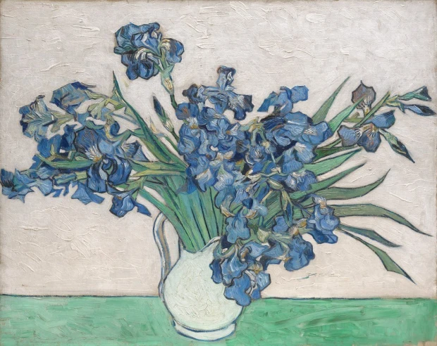 Reprodukcja Irises, 1890, Vincent van Gogh - Wzór graficzny. Kwiaty irysów w wazonie na jasnym tle, z dominującymi