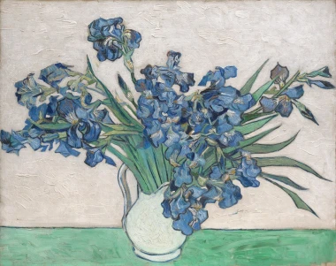 Reprodukcja Irises, 1890, Vincent van Gogh - Wzór graficzny. Kwiaty irysów w wazonie na jasnym tle, z dominującymi