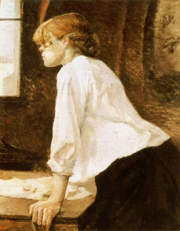 Reprodukcja obrazu La Blanchisseuse, Henri de Toulouse-Lautrec - Aranżacja w salonie. Ściany w ciepłych odcieniach brązu