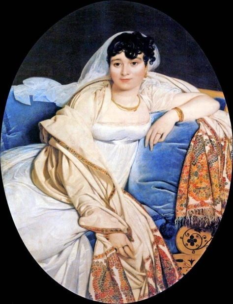 Reprodukcja Madame Riviere, Jean Auguste Dominique Ingres - Wzór graficzny. Kobieta w białej sukni siedzi na niebieskiej