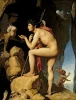 Reprodukcja Oedipus and the Sphinx, Jean Auguste Dominique Ingres - Wzór graficzny. Postać Oedipusa stoi na kamieniach